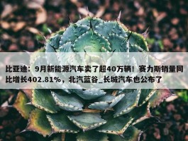 比亚迪：9月新能源汽车卖了超40万辆！赛力斯销量同比增长402.81%，北汽蓝谷_长城汽车也公布了