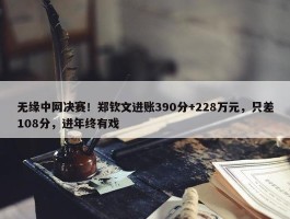 无缘中网决赛！郑钦文进账390分+228万元，只差108分，进年终有戏