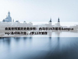 南美世预赛历史助攻榜：内马尔19次居首&amp;桑切斯次席，J罗12次第四